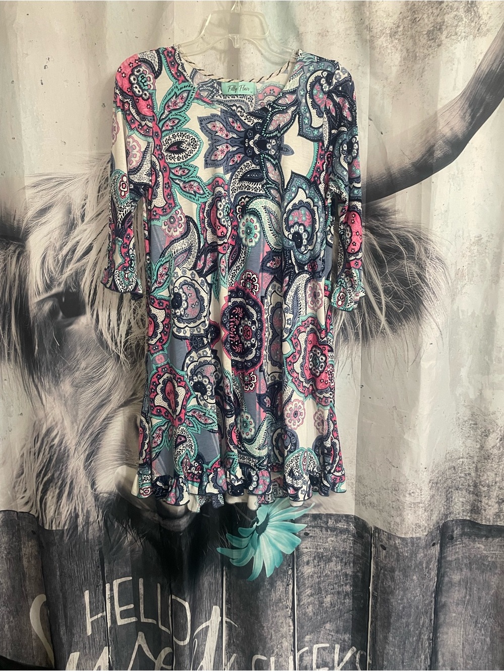 Filly Flair Paisley Swing Dress in Pink, Teal & Navy